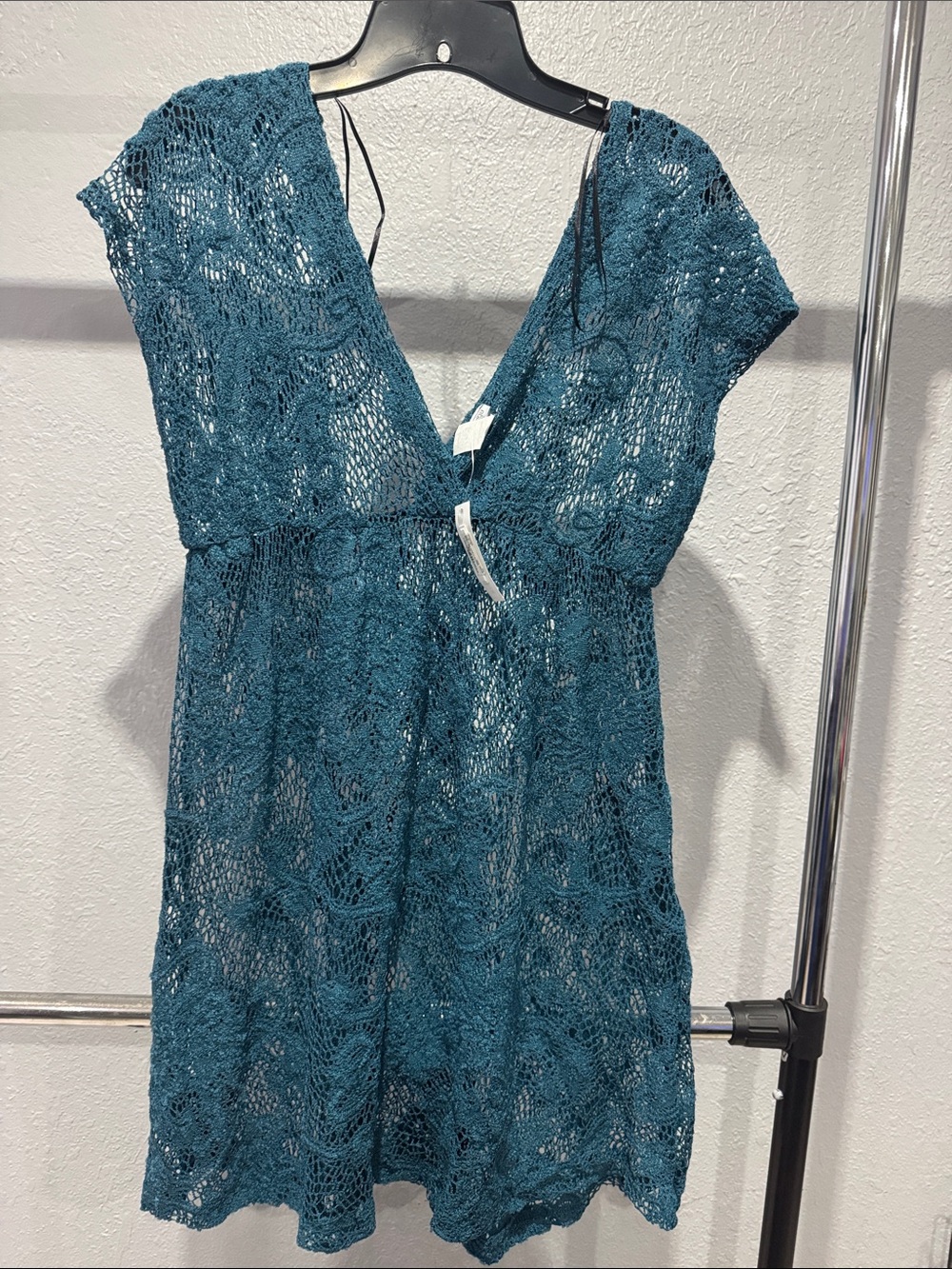 Charming Charlie Teal Open-Knit V-Neck Swim Cover-Up